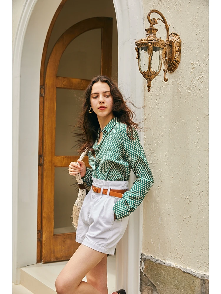 SuyaDream, Woman Printed Shirts, 100%Silk Crepe, Long Sleeves, Geometric Checks Blouses, 2024 Spring Summer Top Green