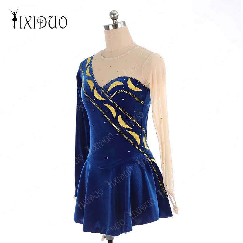 Customized Children Adult Figure Skating Dress Girls Show Competition Grade Skirt Sapphire Velvet Diamond Flash Long Sleeve