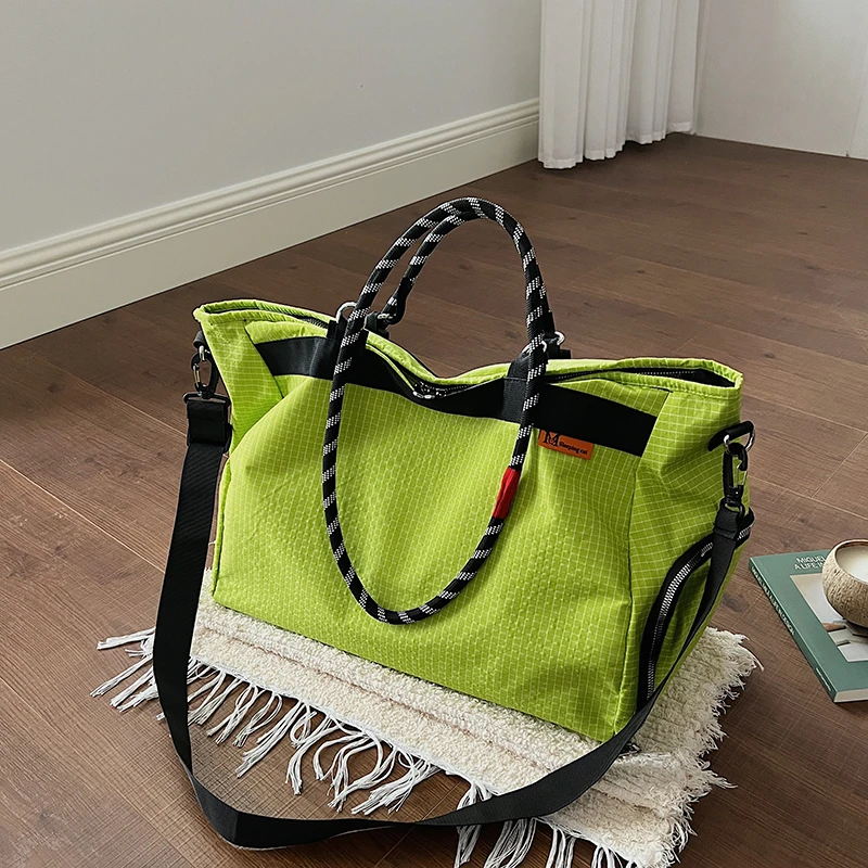 

Large Capacity Grid Nylon Tote Bag for Women Waterproof Travel Duffel Bag with Rope Handle Versatile Crossbody Shoulder Bag