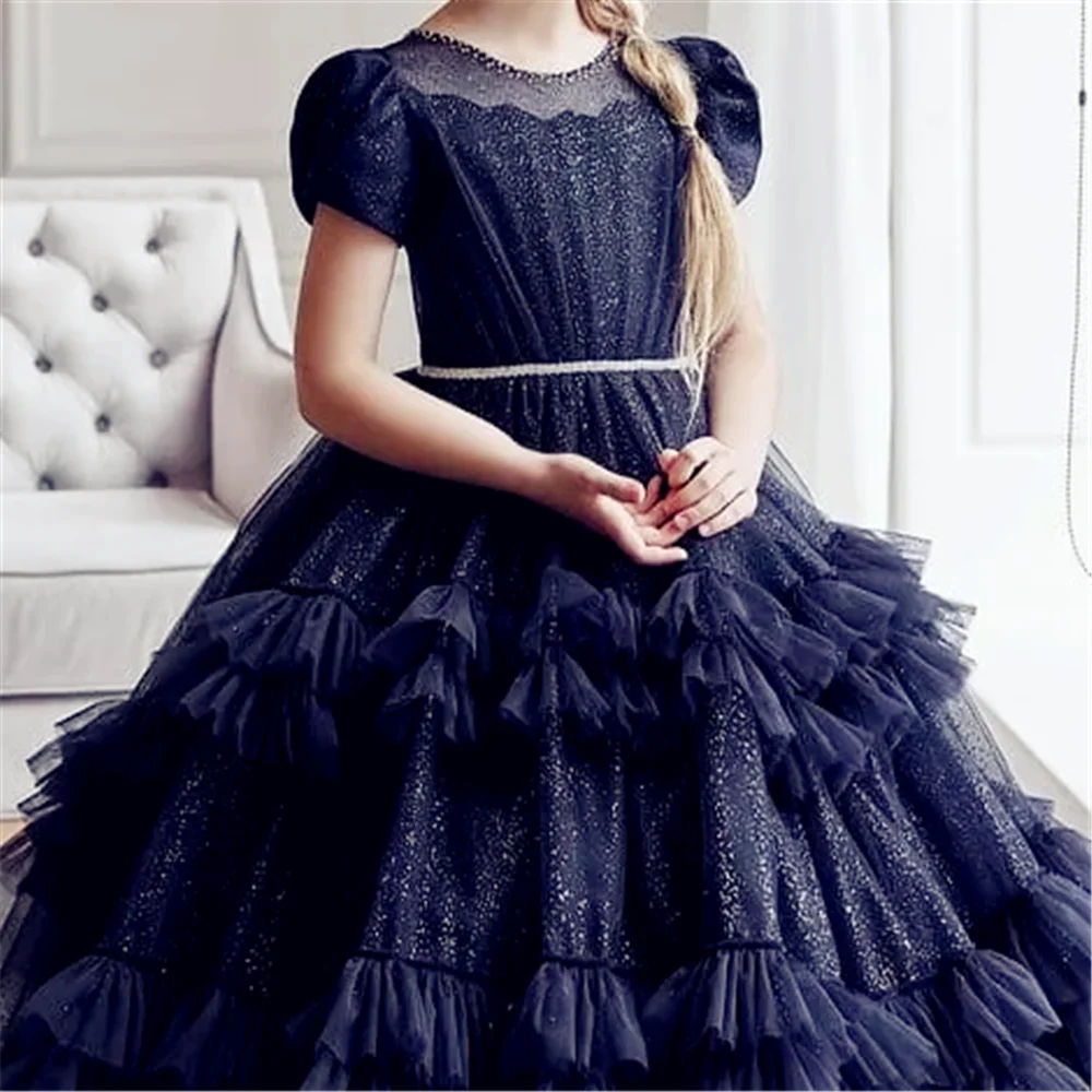 Blue Angel Flower Girl Dresses For Weddings Ball Stratification Sleeves Tulle Tiered First Communion Gowns Little Baby Kids Gift