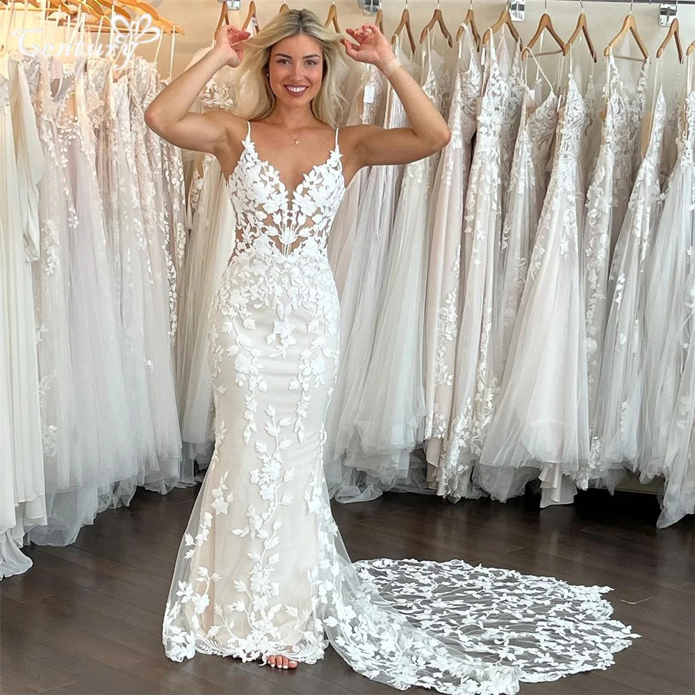 

Elegant Wedding Dress Mermaid Cut 2024 Lace Appliques Spaghetti Straps Backless Bridal Gowns Civil Bride Dresses Robe de Mariee