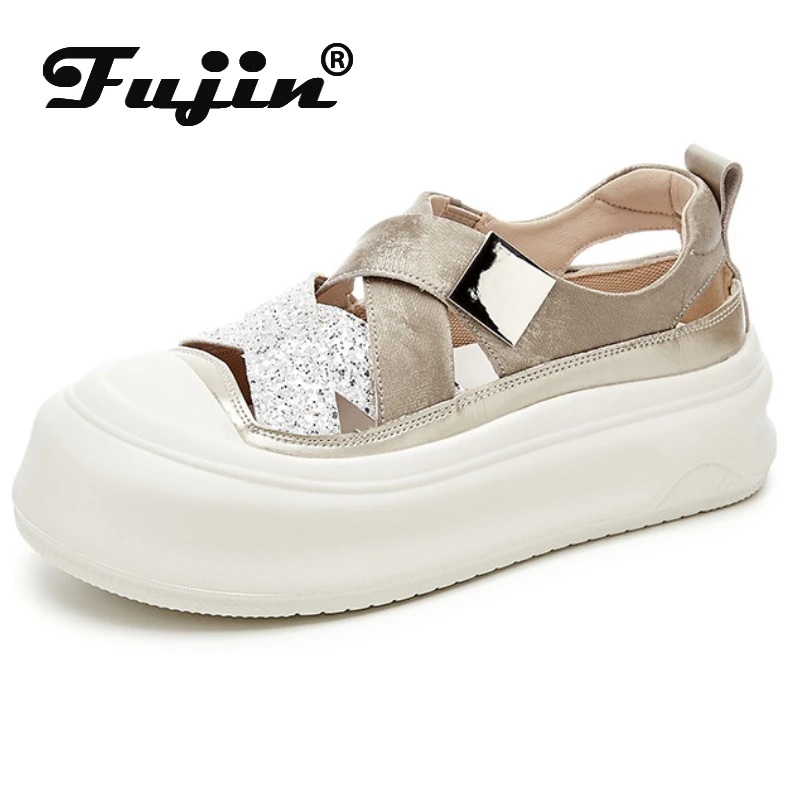 

Koznoy 5cm New Weave Genuine Leather Slippers Bling Summer Sandal Platform Wedge Flats Women Fashion Sandals Hollow Pumps Flats