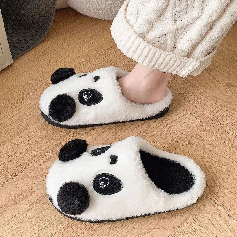 New Winter Unisex Cartoon Panda Warm Plush Slippers Couple Indoor Non-slip House Slides Men and Women Toe Wrap Home Cotton Shoes