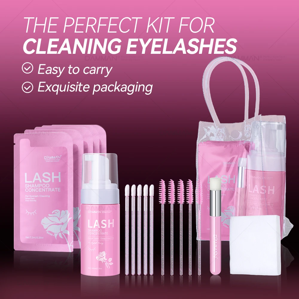 Damman New Upgrade 7,5 ml professionelles Wimpernshampoo für Wimpernverlängerungen, sanfte Reinigung, 6-in-1-Wimpernshampoo-Set mit Bürste