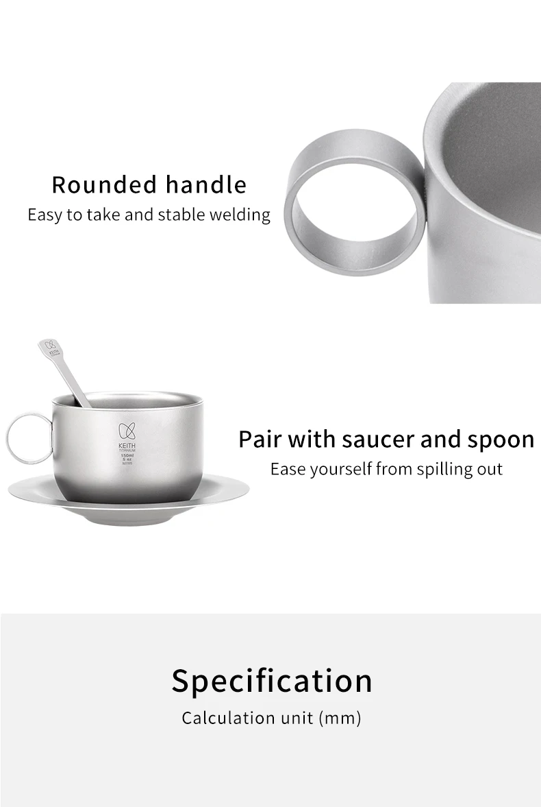 KEITH Kaffeetassen-Set aus reinem Titan, doppelwandiger, verbrühungssicherer Becher mit Untertasse und Löffel, 150 ml, für Zuhause, Camping, Büro, Geschenk Ti3601 – Detail 6