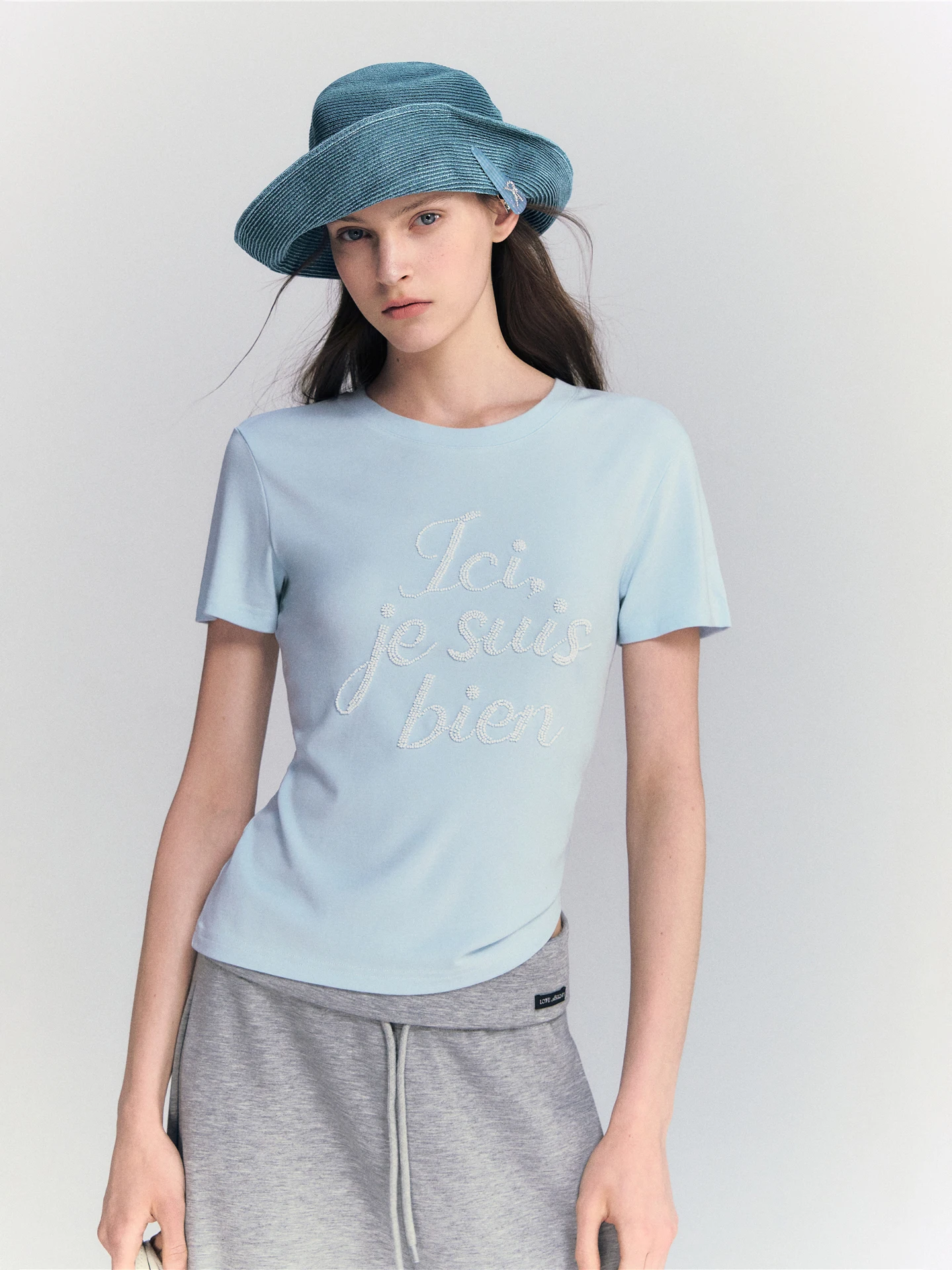 AsGony Heavyweight Beaded Letter Short Sleeve T-Shirt Shoulder Width round Neck Slim Fit Casual Style for Women Summer Breath...