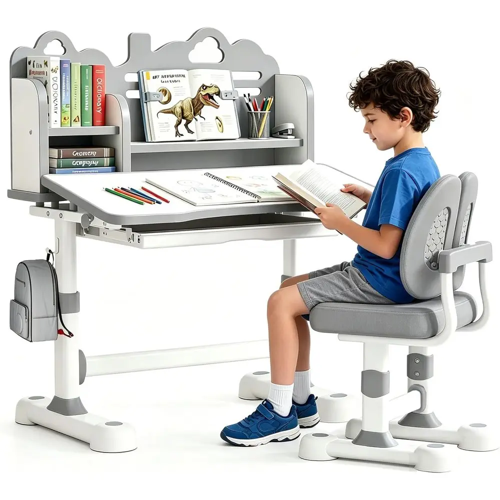 

Ergonomic Adjustable Height Kids Desk and Chair Set with 0-50° Tilt, Book Stand, Metal Hook, Storage for Studying - Grey