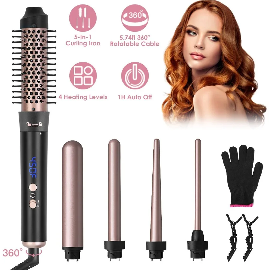 

5 in 1 Curling Wand Hair Curling Iron Brush Hair Thermal Brush Curler with 4 Heating Levels 360° Rotatable Cable 5 Interchangea