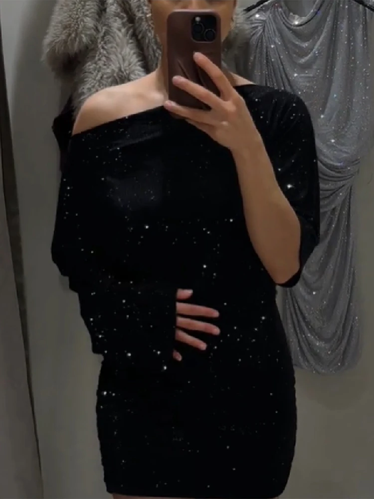 فستان قصير برقبة مائلة لامعة ترتر وأكمام طويلة بقصة ضيقة فساتين سهرة للحفلات والعطلات من فيستدوس 2025 فساتين سهرة جديدة للسيدات #3