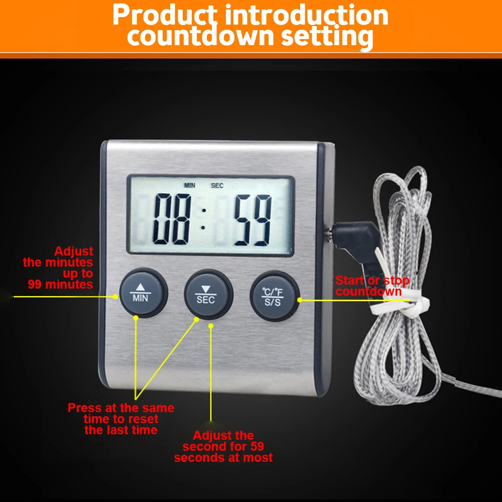 TP700 Mini Kitchen Digital Cooking Thermometer Meat Food Temperature Oven BBQ Grill Timer Function with Stainless Steel Probe