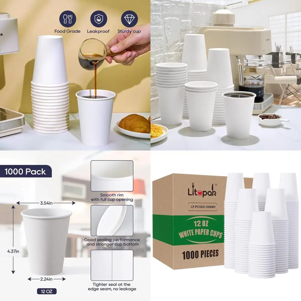 

1000 Pack 12 oz White Paper Cups, Disposable for Coffee, Ideal for Offices, Schools, Shops, and Restaurants