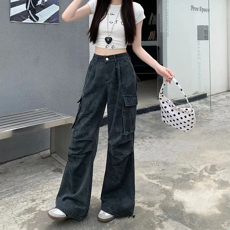 여성용 카고 루즈핏 멀티 포켓 가을 겨울 스트리트웨어 아메리칸 레트로 페이디드 카모플라주 프린트 와이드 레그 팬츠