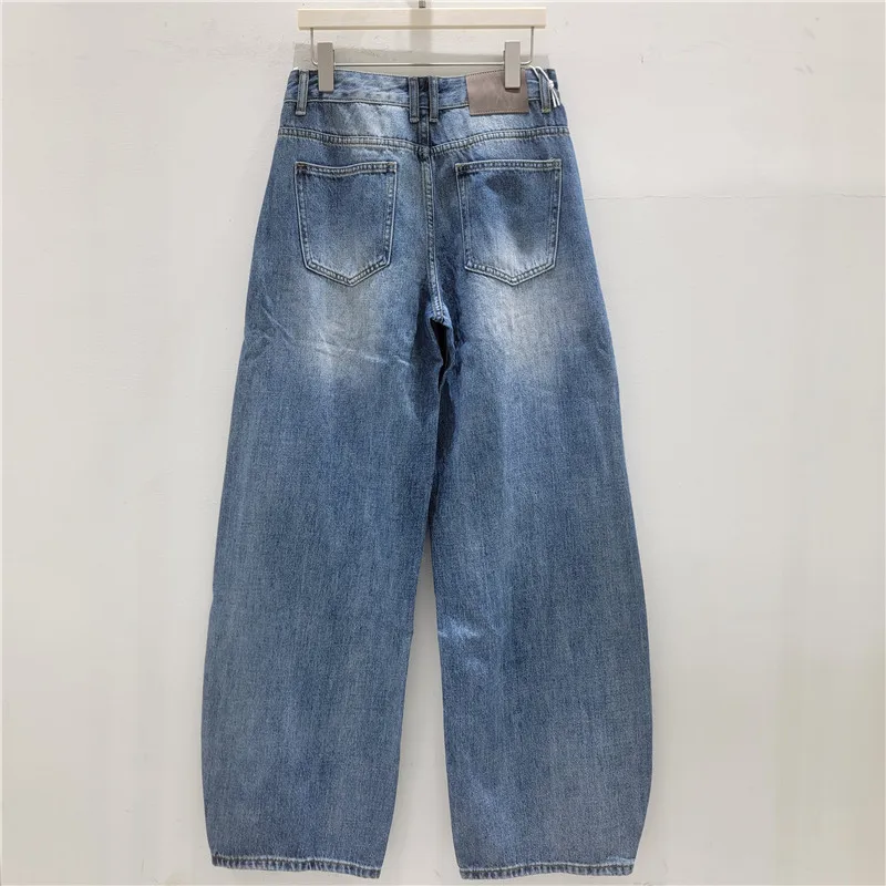 ANJY Spring Autumn New Women Stylish High Street Sweet Bow Patchwork Washed Ripped Jeans Loose Wide Leg Niche Denim Pants A25445