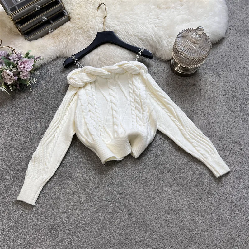 

Women Elegant Slash Neck Sweater Dismond Straps Full Sleeve Knittign Tops Shirt Female Pullover Casual Tops Tee 2024 Spring New