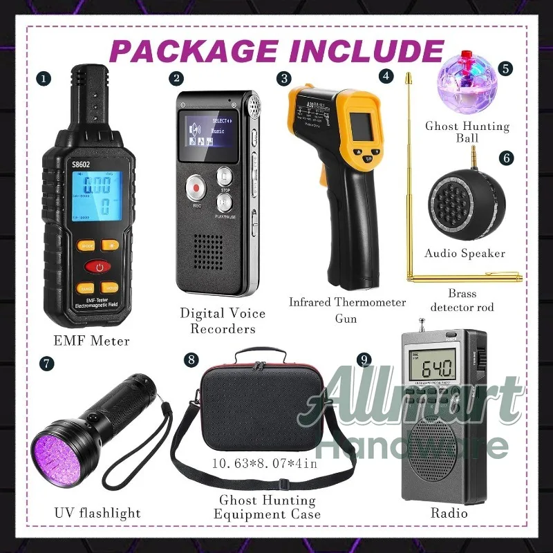 9Pcs Ghost Hunting Equipment Kit with EMF Meter, Ghost Hunting Research Box, Recorder & More for Paranormal Investigation