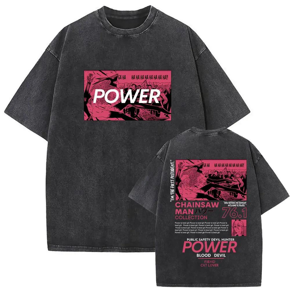 

Washed Vintage Anime Chainsaw Man Power Graphic T Shirt Men Women Fashion Casual Oversized T-shirt Tops Manga Lovers Fans Gift