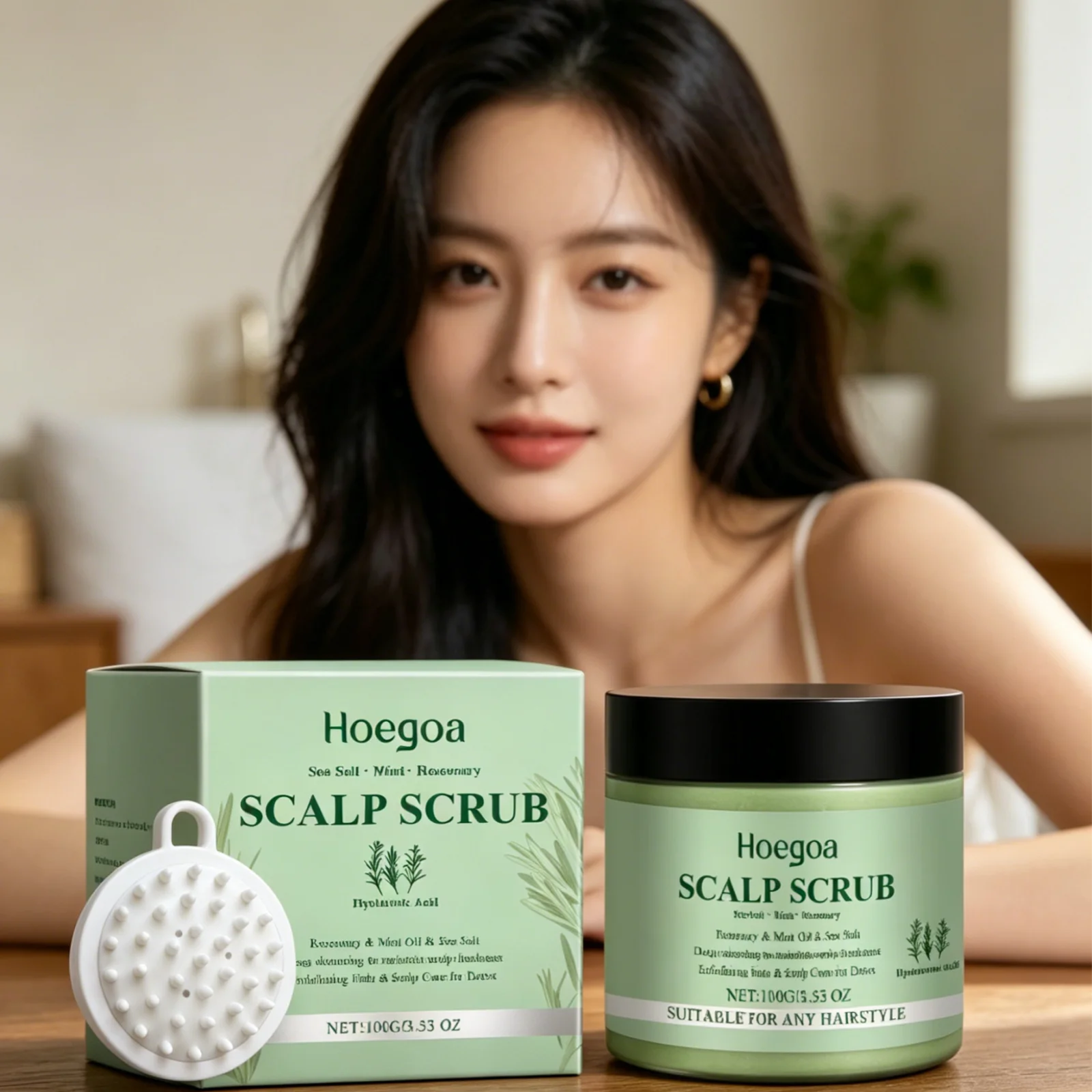 Hoegoa Rosemary Scalp Scrub Deep Cleaning Prevent Dryness Remove Residue Anti Itch Mild Scalp Exfoliator with Massage Brush 100g