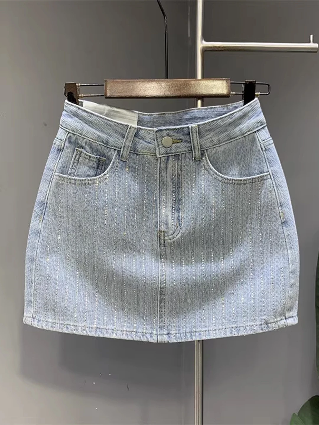 Light Blue High Waist iny Diamond Design Heavy Embellied Denim  Skirt Women's Summer Faion A-Line ort Skirt