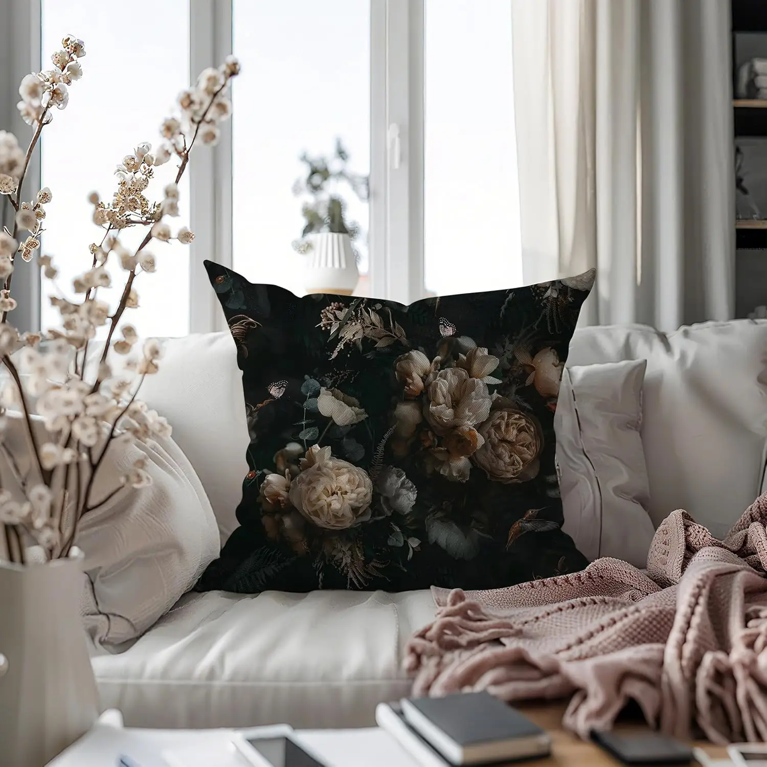 Dark Botanical Floral Print Pillow Covers 40x40cm Luxury Cushion Case Moody Peony Butterfly Cottagecore Romantic Home Decor Acce