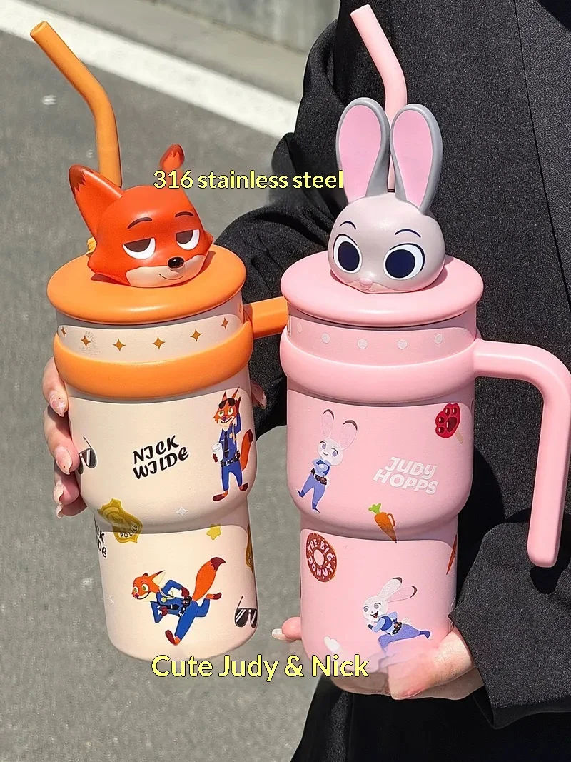 

Zootopia Stitch Ice King 700ml Insulated Water Bottle for Boys And Girls with Straw Judy Figure Toy High Beauty Anime Water Cup