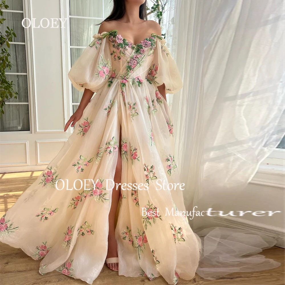 OLOEY Exquisite Embroidery Floral Prom Dress High Slit Women Wedding Photoshoot Off Shoulder Party Dress A Line Bridesmaid Dress