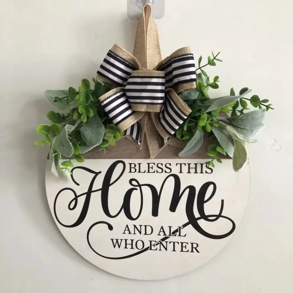 Creative 2D Flat Welcome Sign Flower Bow Knot Door Wreath Wooden Round Shape Wall Art Porch Decor