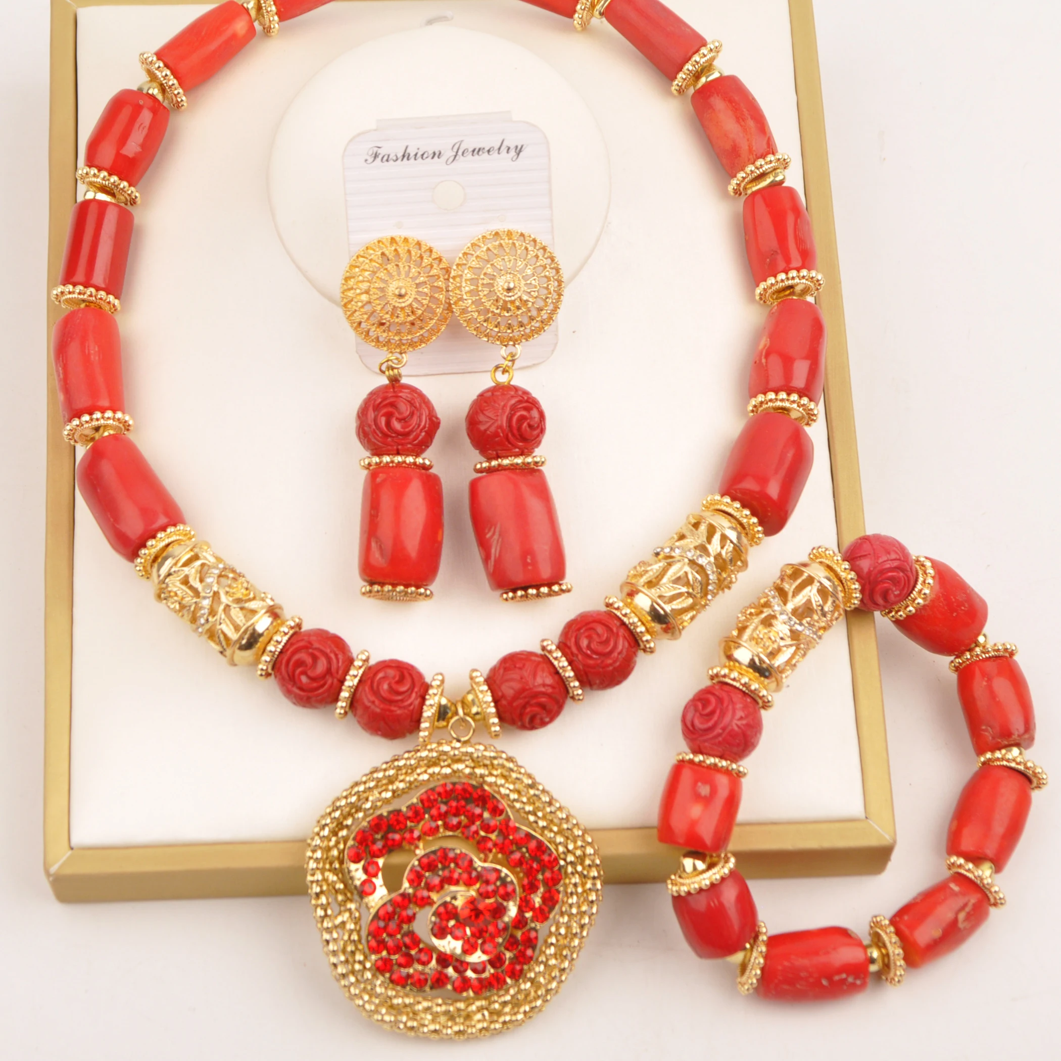 

African Wedding Necklace Red Original Coral Beads Jewelry Set