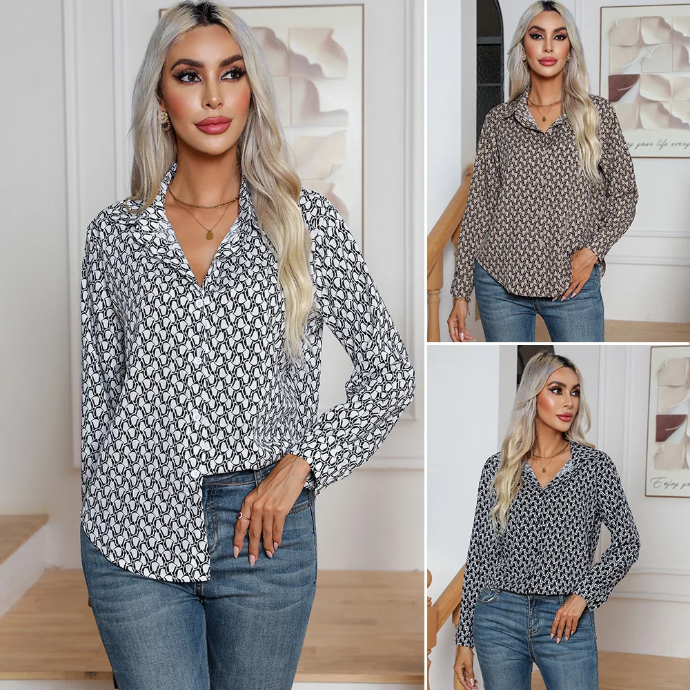 

Women's Shirts Autumn Winter New Long Sleeve Shirt Fashionable Geometric Print Casual Blouse