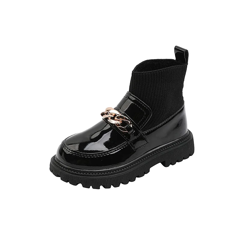 Girls Leather Boots Metal Chains Princess Boots Kids Ankle Boots Children Socks Boots Stretch Fabric Fashion Sweet Slip-on Soft