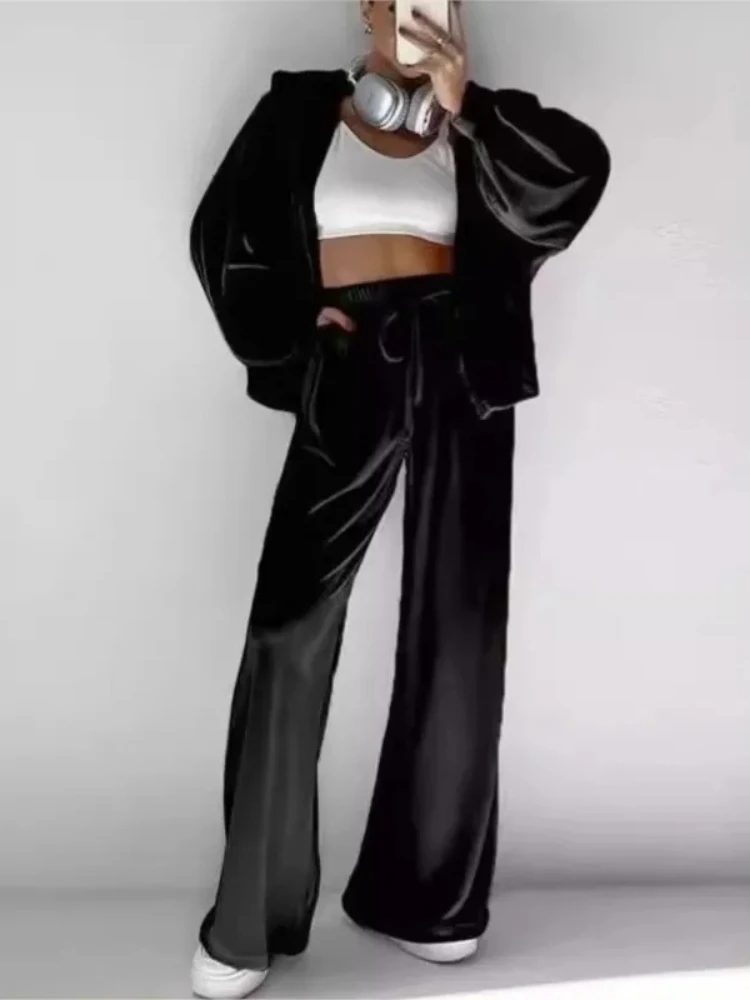 Women Spring Autumn Two-piece Set Velvet Tracksuit Hoodies Long Sleeve Zipper Sweatsuit+High Waist Drawstring Pants Suit Outfits
