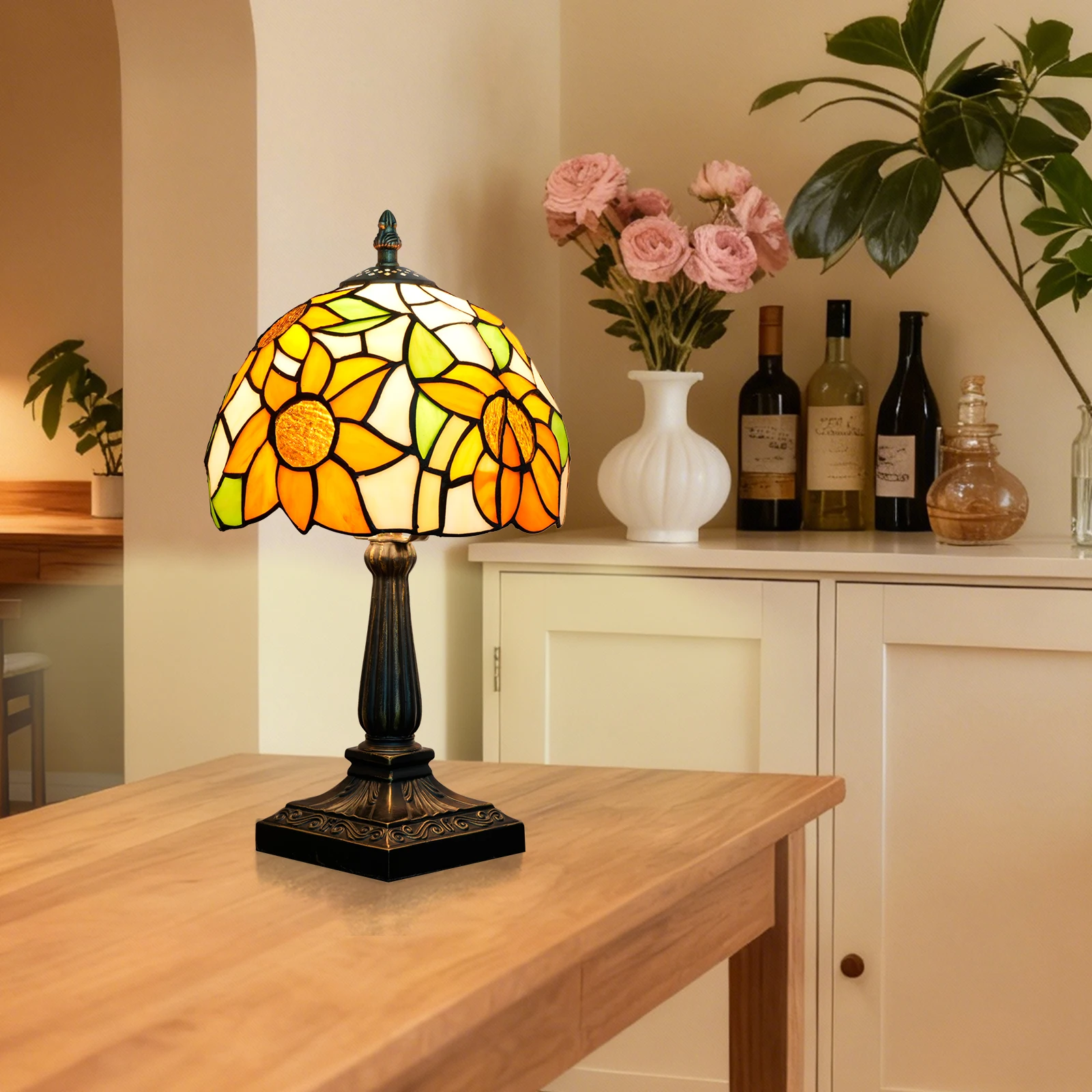 Tiffany Style Table Lamp,Sunflower Stained Glass Lamp 8 Inch Small Antique Bedside Lamp, for Bedroom Living Room Home