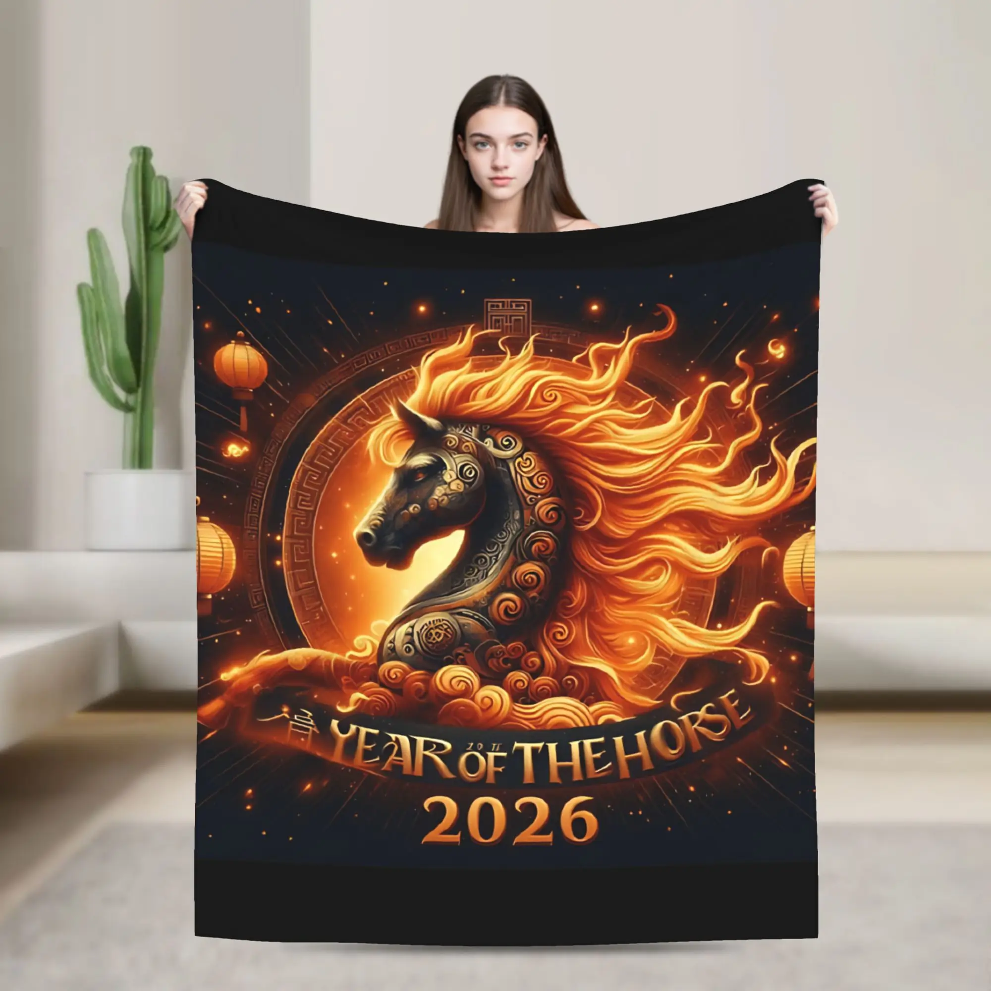 Year of the Horse Firey Horse 2026 Chinese New Year  Blanket  Fuzzy Funny Warm Throw Blanket for Home Restaurant All Season,