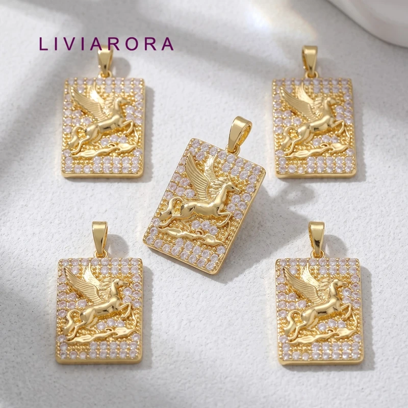 1/2/3Pcs 18K Gold Plated Brass Zircon Rectangle Medallion Winged Horse Pegasus Charms Pendant For Jewelry Making Necklace Making