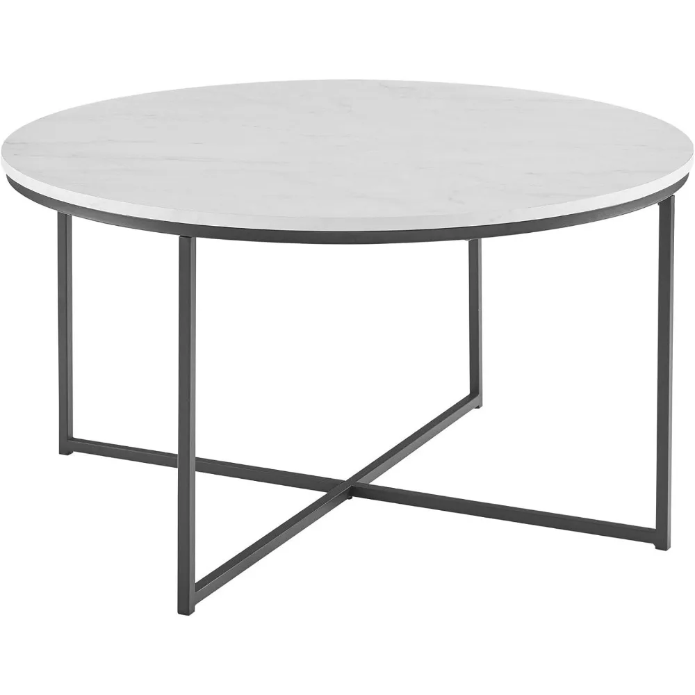 Moderne Ronde Kunstmatige Marmeren Aanrecht Salontafel Met X-Basis, 36 Inch, Marmer En Zwart