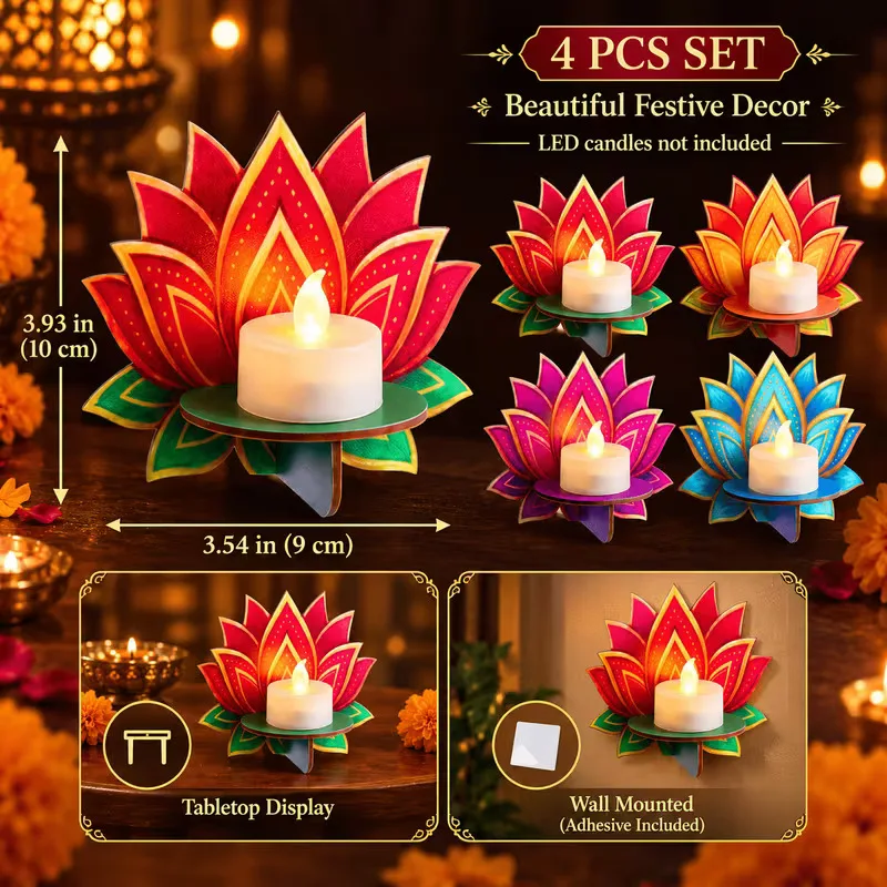 Diwali Wooden Lotus Tealight Candle Holder, Hand-Painted Diya Stand for Pooja, Festival Wall & Tabletop Decor,Ethnic Indian Gift