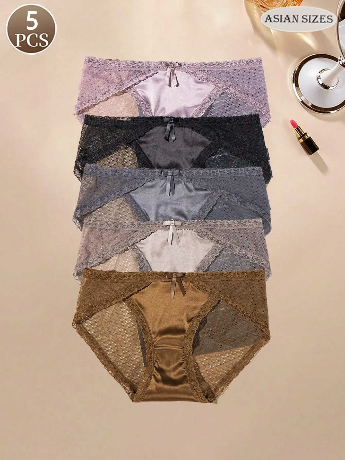 5PCS sexy lace panties bow semi transparent briefs omen's underwear comfortable and seamless mid wa ist women's triangle pants