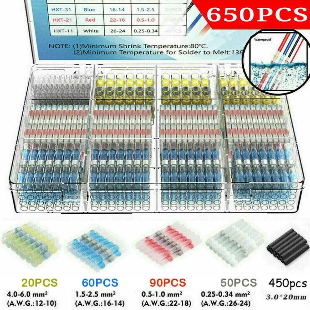 650PCS Solder Seal Heat Shrink Butt Wire Connectors Terminals Assorted Kit For Car Boat Marine Electrical Cable Repair