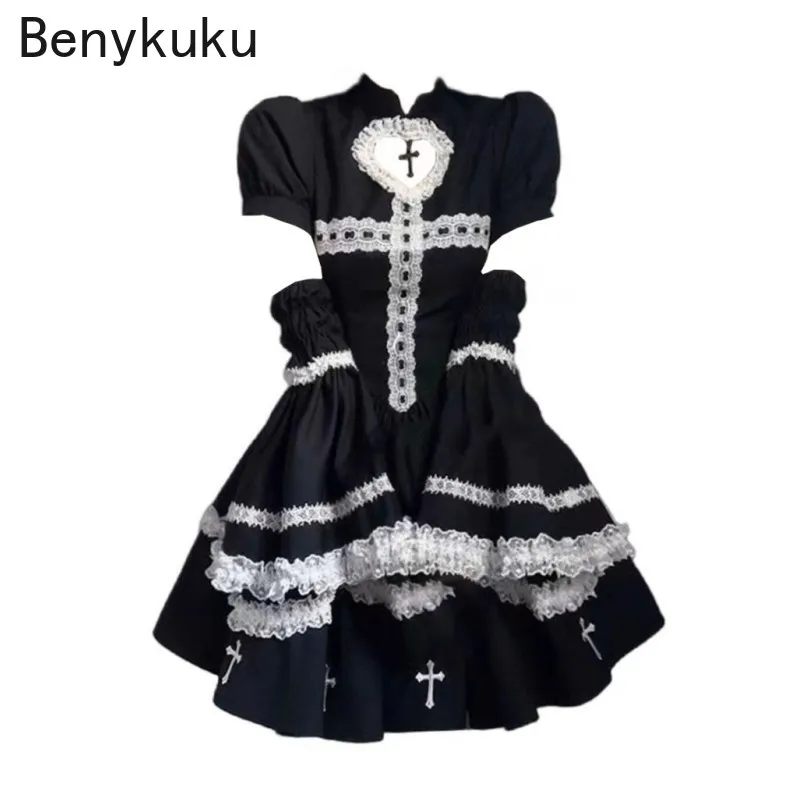 

Japanese Y2K Black Gothic Lolita Dress Women Kawaii Preppy Style Lace Ruffles Hollow Mini Dresses Female Harajuku Goth Cute Gown