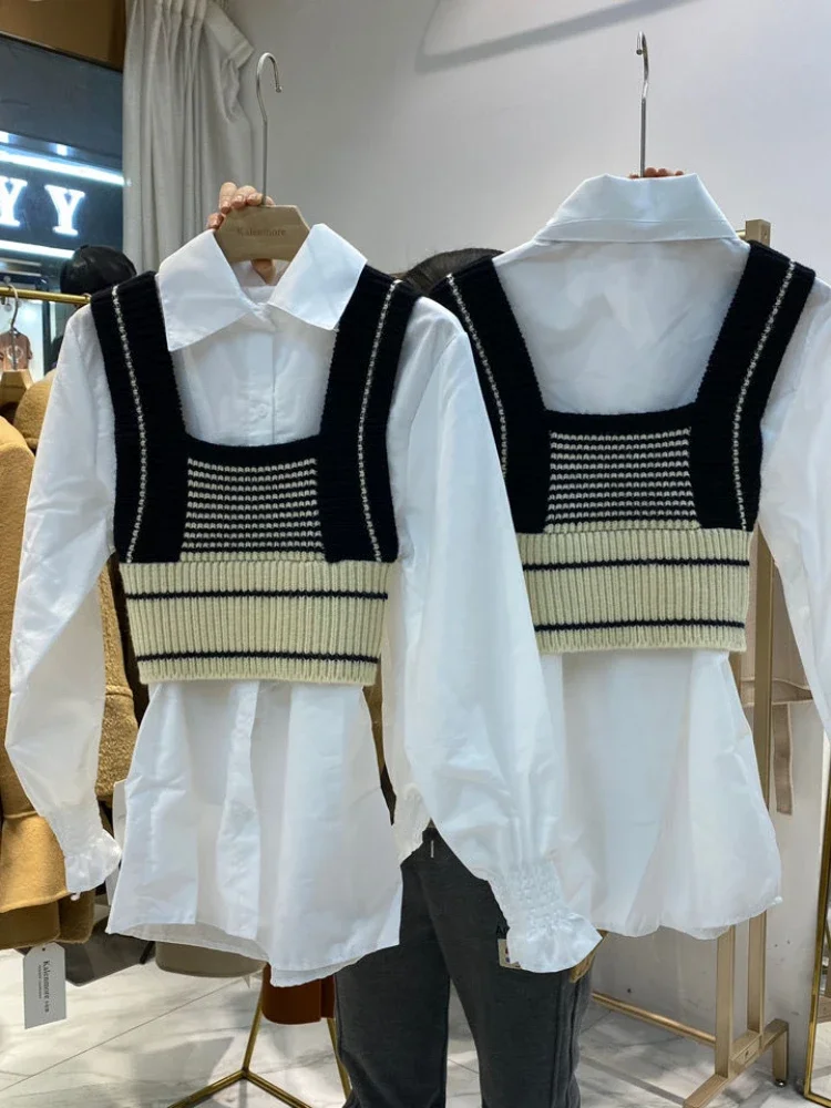 Korean Chic Elegant Sweater Vest Women Vintage Gilets Sans Manches College Style Hit Color Patchwork Striped Coat Chaleco Mujer