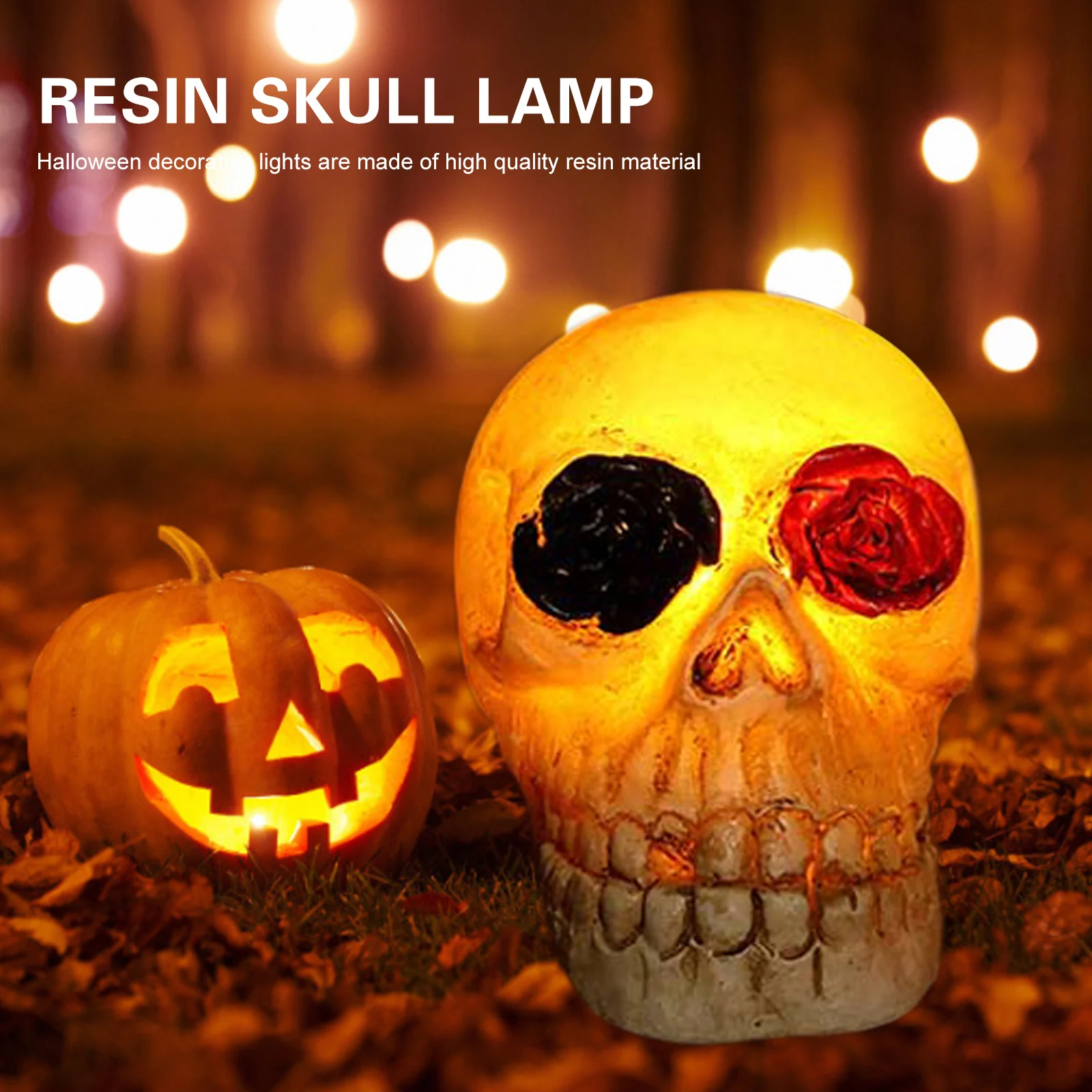 Halloween Skeleton Head LED Light Resin Horror Skull Statue with Flowers Night Lamp Home Ornament Halloween Bar Party Decoration