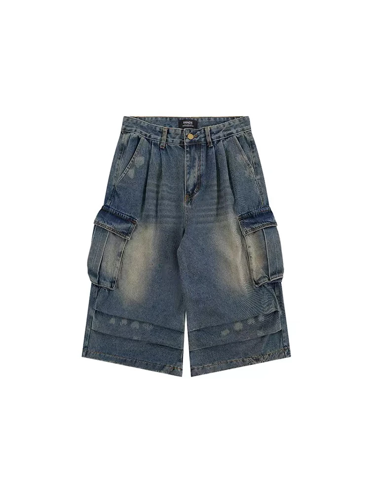 الرجعية الأمريكية Waed الدنيم orts الرجال فضفاضة تناسب سبعة أرباع طول ملابس العمل Sle عادية القطن البوليستر مزيج الجينز #5