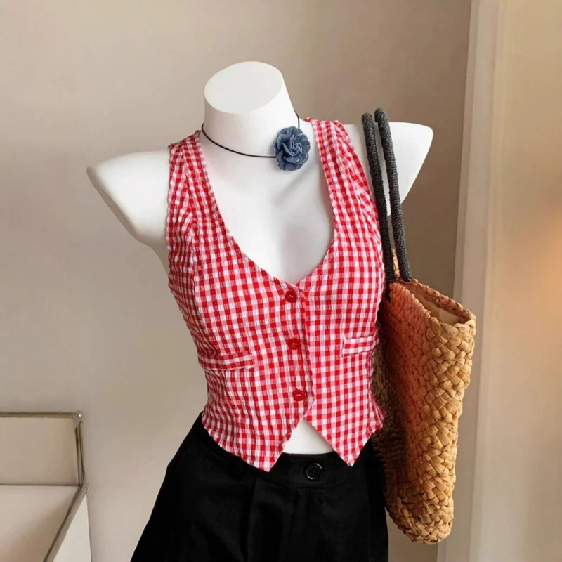 

Women's Summer New Plaid V-Neck Sleeveless Crop Top With Front Botton And Pocket Cover Fashionable Casual Slim Fit Vest