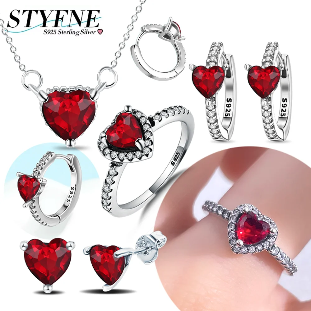 925 Sterling Silver Red Love Original Jewelry Set Necklace Ring Earrings for Women's Boutique Jewelry Valentine's Day Gift