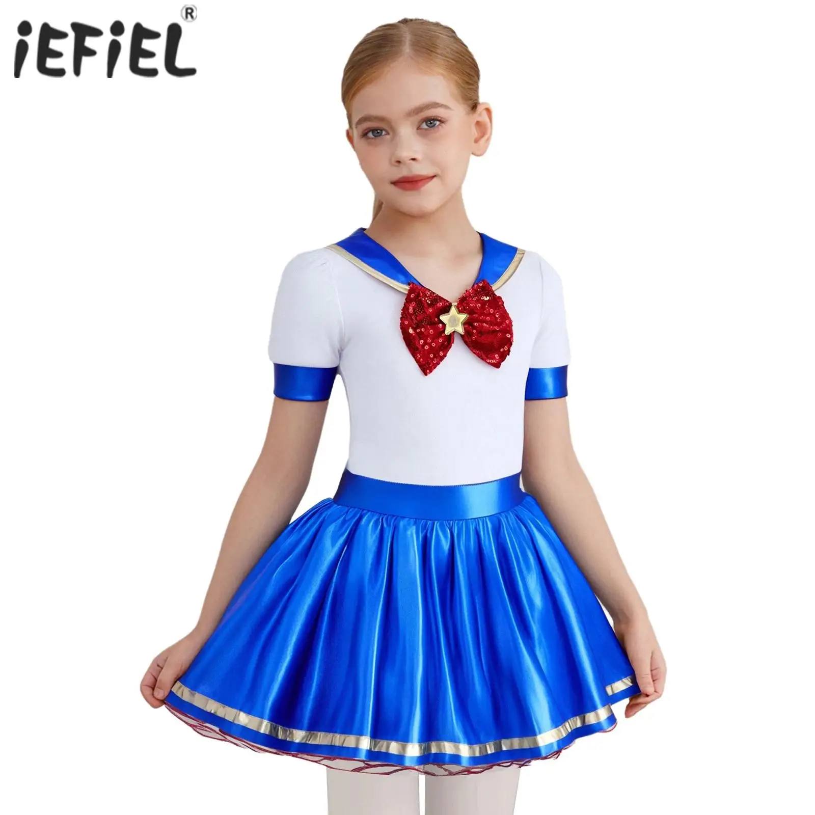 

Kids Girls Sailor Costume Color Block Patchwork Metallic Gloss Crew Neck Short Sleeve Detachable Bow Tie Ruffled Puffy Dress