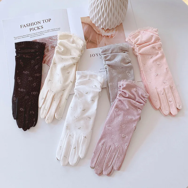 

Women Summer Cotton Breathable Sunscreen Touch Screen Drive Ride Non-Slip Gloves Middle Elegant Anti-UV Elasticity Lace