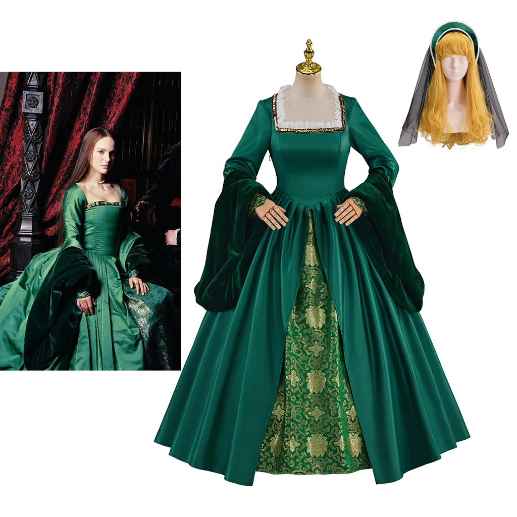 

Queen Anne Boleyn Green Dress with Headgear Tudor Elizabethan Evening Party Costume Victorian Civil War Southern Belle Ball Gown