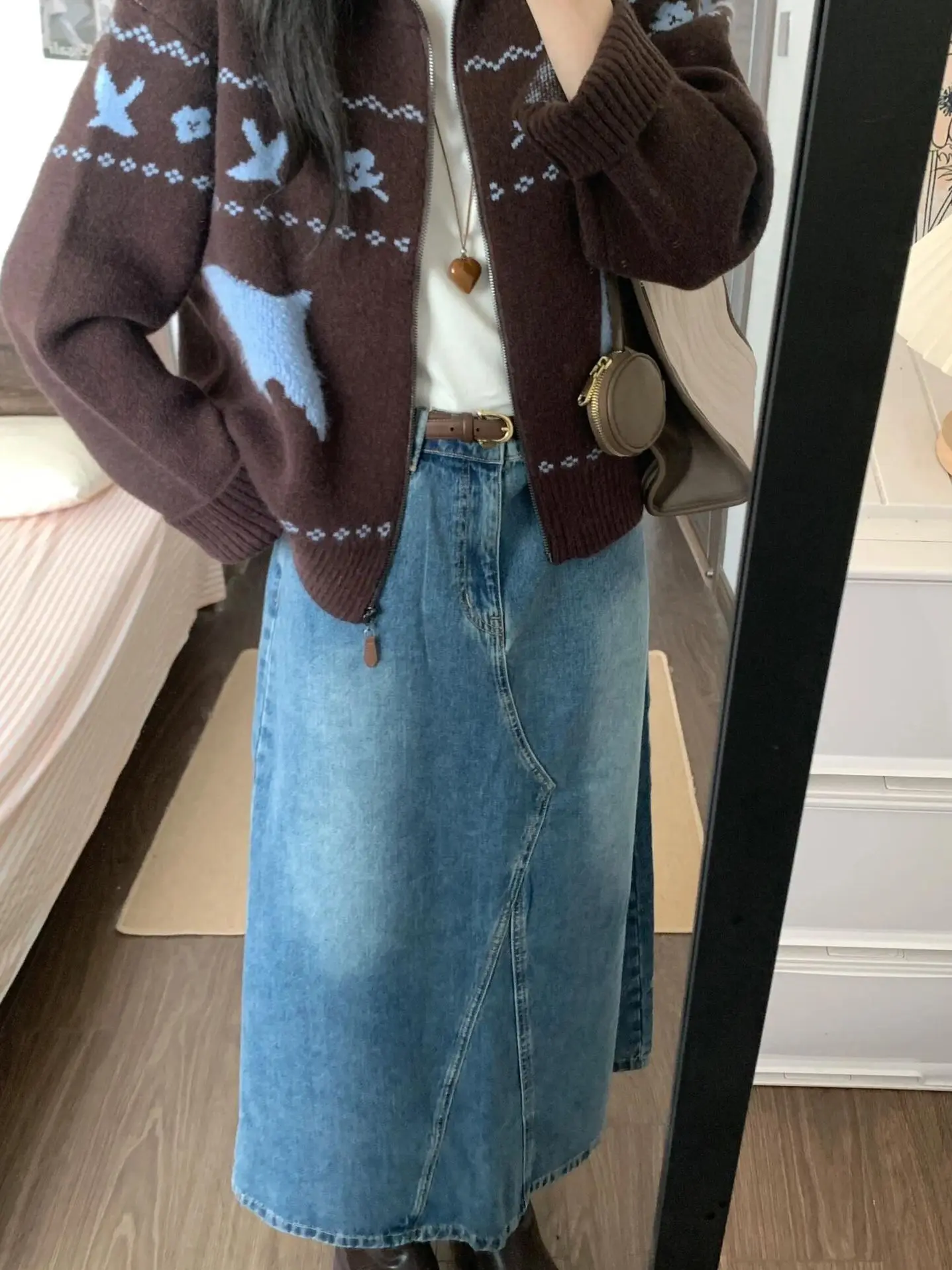 

Autumn Winter Lazy Sle Retro Fair Isle Brown Collar Knitted Zipper Open Cardigan Sweater Women Small Size Top Loose Fit