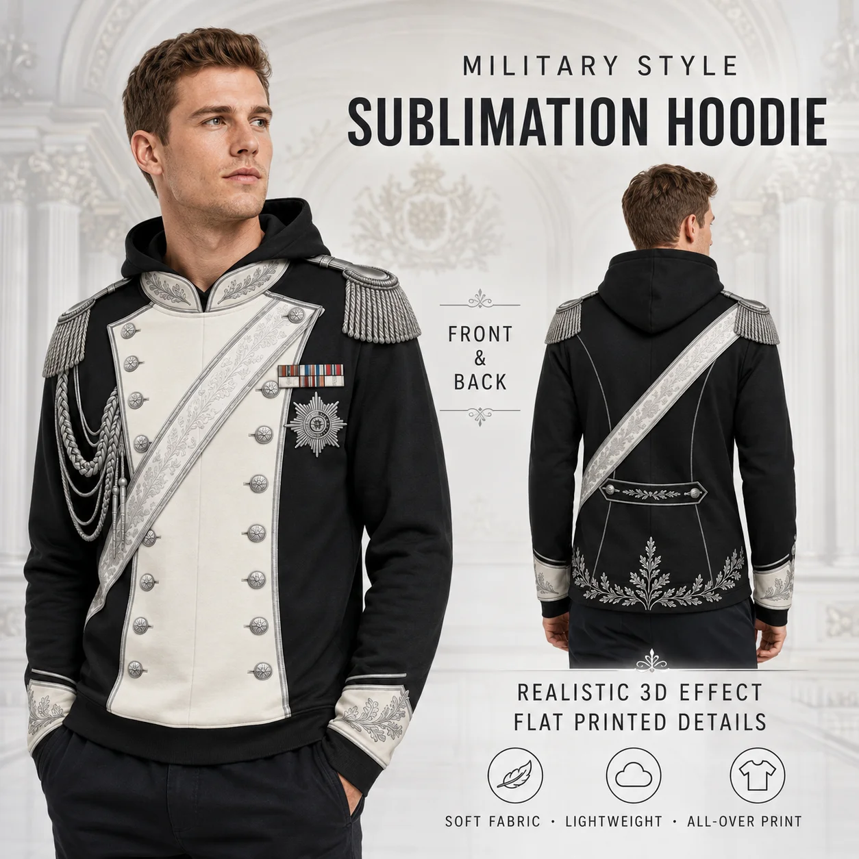 Vintage Military Uniform Style Hoodie Men Black White 3D Print Officer Inspired Pullover Hooded Sweatshirt Retro Streetwear