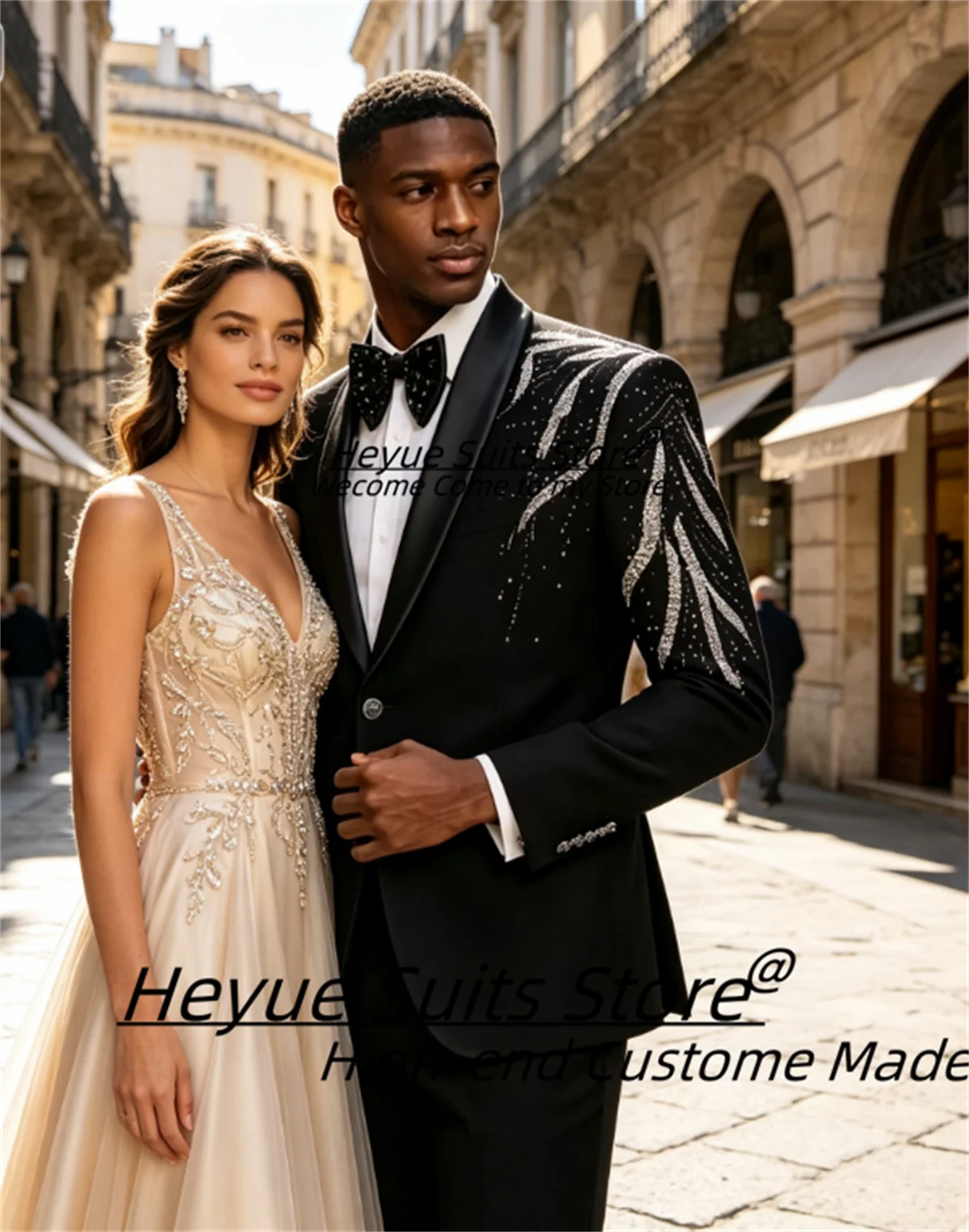 Luxurious Black Silver Rhinestone Embroidery Men Suits Customized Slim Fit Shawl Lapel Groom Wedding Tuxedos Formal 2Pieces Sets