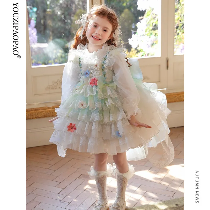 Handmade New Flower Girls Wedding Party Dress Quality Lolita Tutu Skirt Children's Performance Dress Kids Boutique Clothes